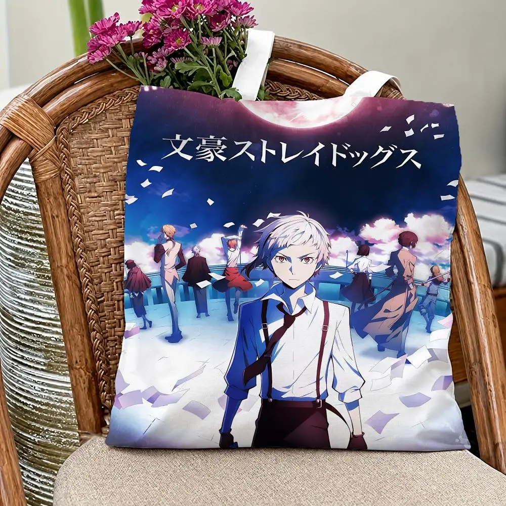 Popular Anime Bungo Stray Dogs Storage Bags Eco Canvas Tote Odorless Reusable Double Print Shopping Bag