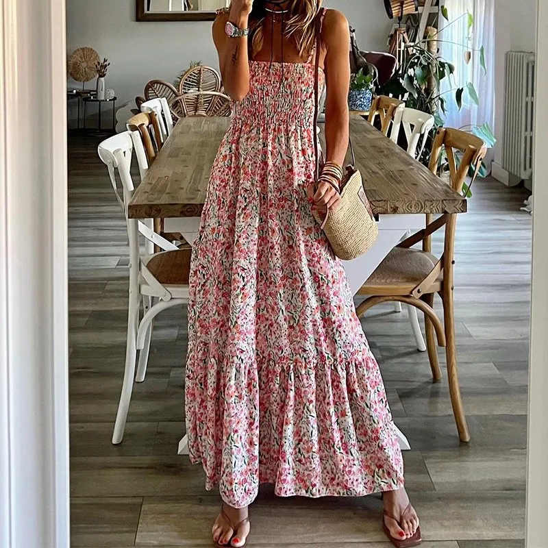 

2025 Summer New Vintage Floral Dress Women Sexy Spaghetti Strape Elastic Bust A-line Big Swing Backless Beach Holiday Dress