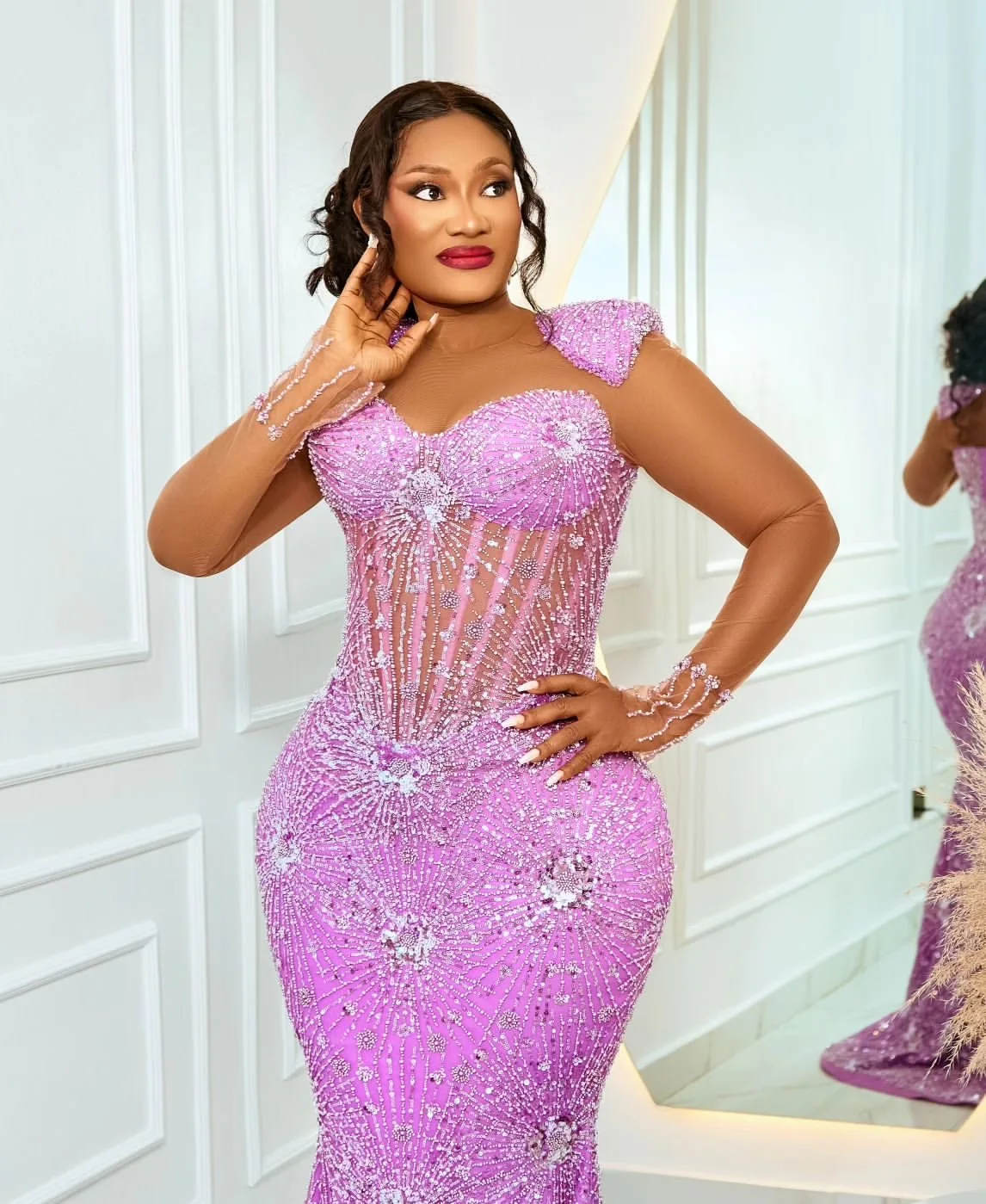 2024 Plus Size Mermaid Lilac Prom Dresses Beaded Sequined Evening Formal Party Second Engagement Birthday Gowns Dress Z335