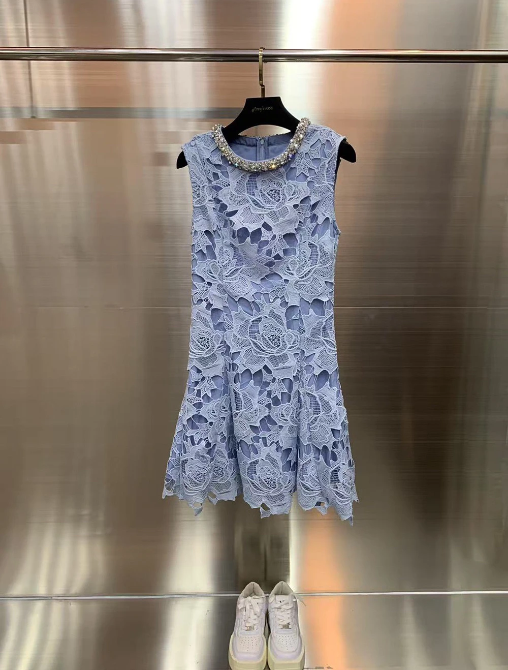 

Elegant Hollow out Lace Dress with Drill A-Line Skirt Sleeveless Heavy Embroidery Spring Summer New Arrival Women's Dress