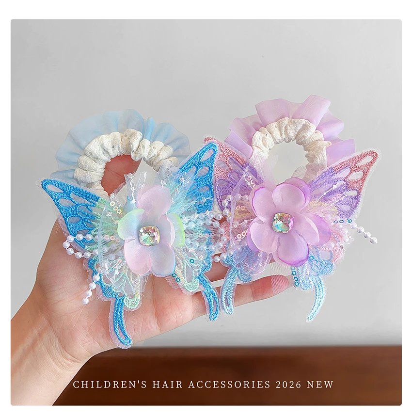 Neue Niedliche Schmetterling-Stoff-Scrunchies für Frauen und Mädchen 2026 Modische Feenprinzessin-Stil Hochelastische Haargummis Pferdeschwanzhalter – Detail 8