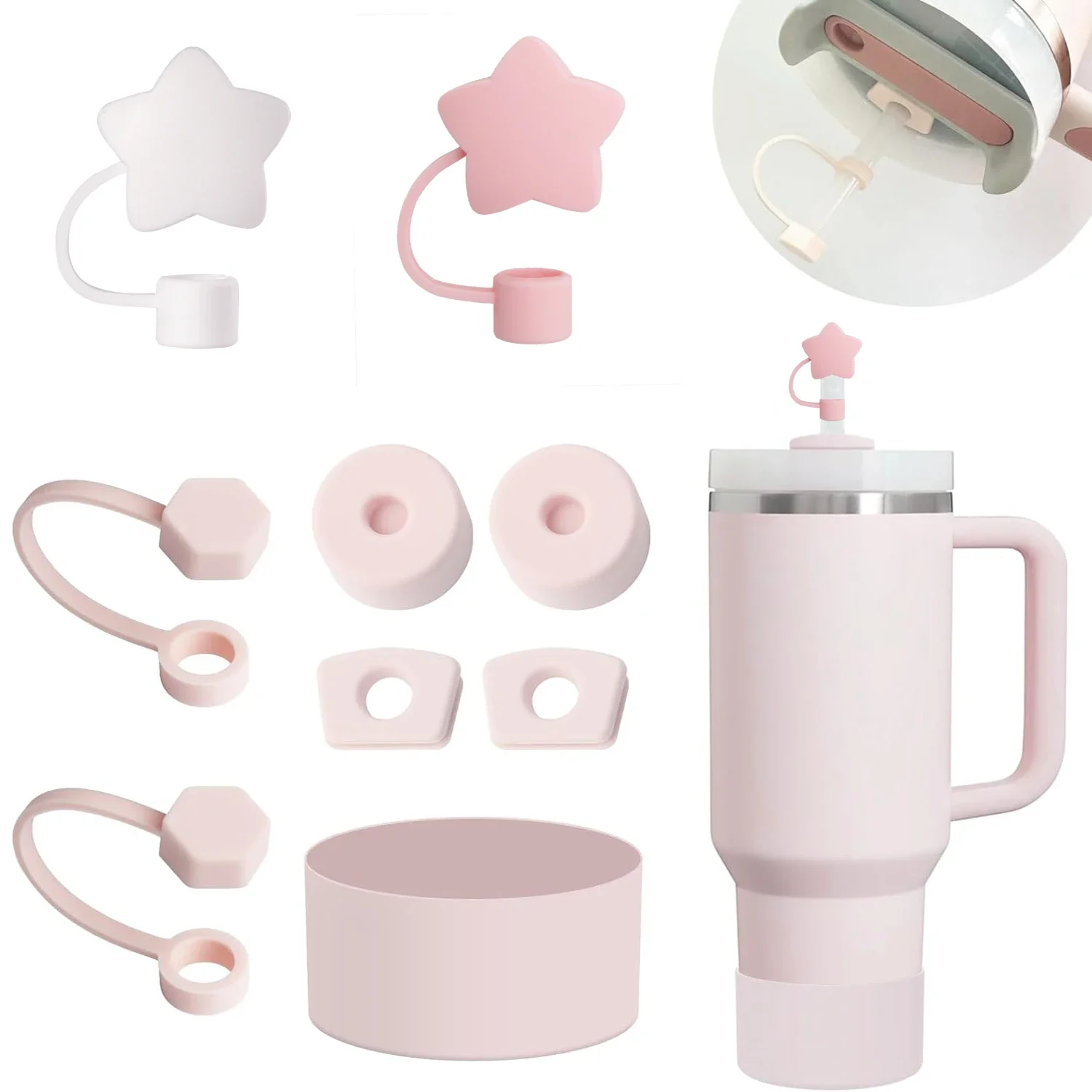 

9Pcs For Stanley Cup Accessories Set Including 6pcs Silicone Spill Proof Stoppe,2pcs Straw Cover Cap,1pcs Silicone Boot Tumbler