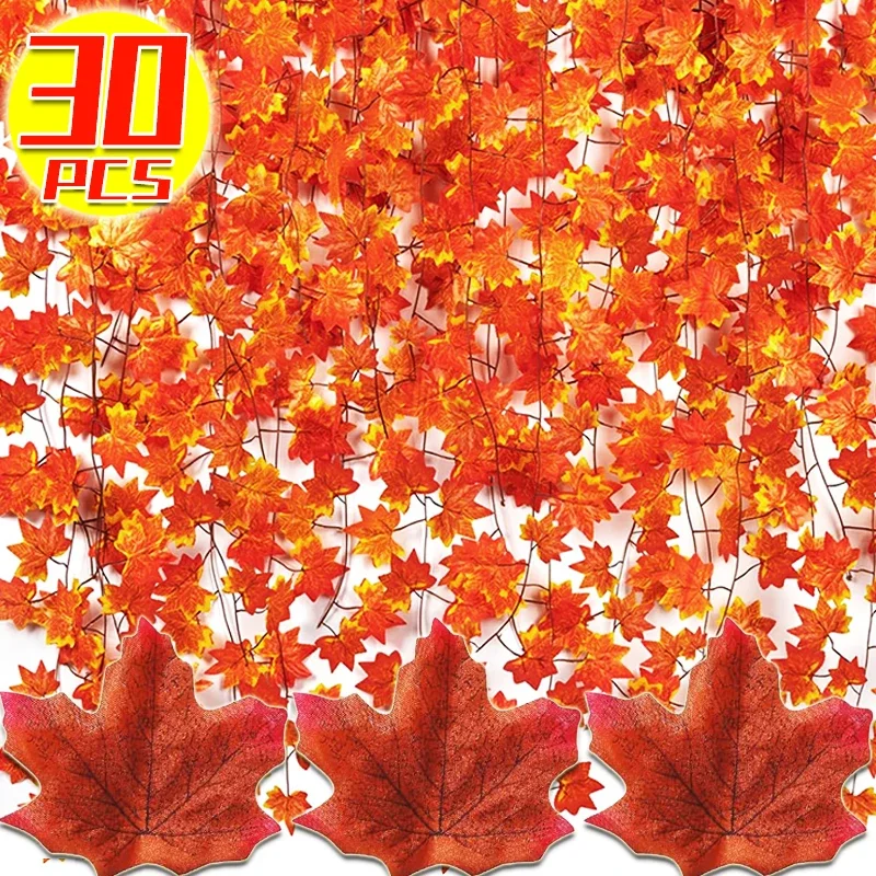 Artificial Maple Leaves Orange Fall Leaf Fake Rattan Plants DIY Wedding Party Home Garden Wall Fireplace Hanging Decor Supplies