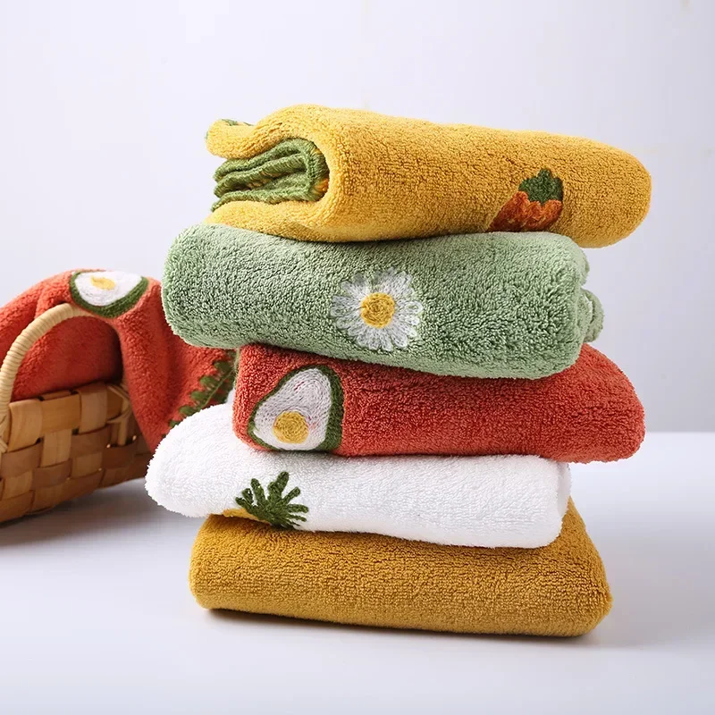 Absorbent Hand Towel with Fruit Embroidery Super Soft Hangable Quick Dry Bathroom Kitchen