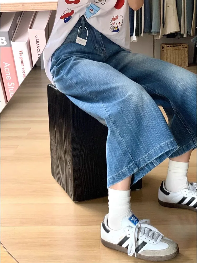 ハイウエストワイドレッグクロップデニムジーンズ レディース ルーズフィットストレートレッグパンツ 秋新作 スリープラスサイズ ストリートファッションジーンズ