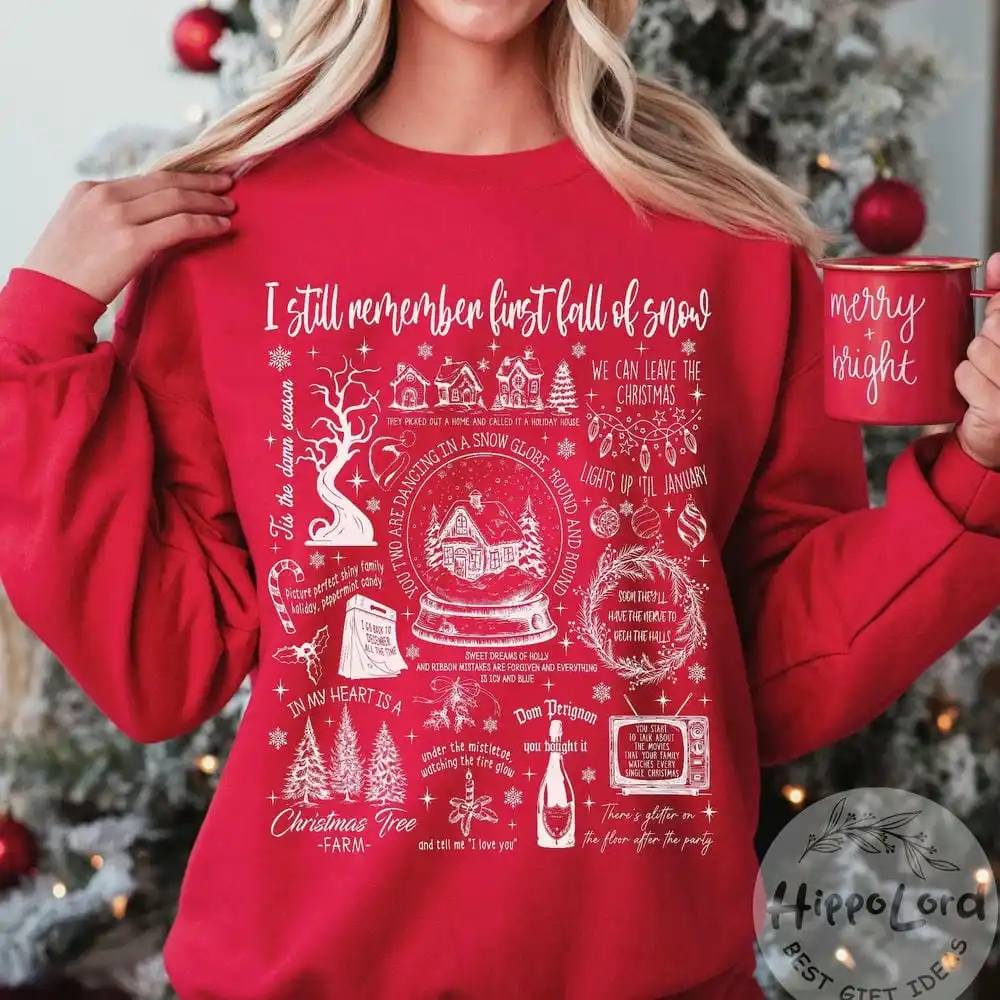 Christmas Songs Sweatshirt Song Lyrics Collage with Christmas Symbols Lyrics Gift Unisex Top Casual Fleece Sweatshirt Y2K Top