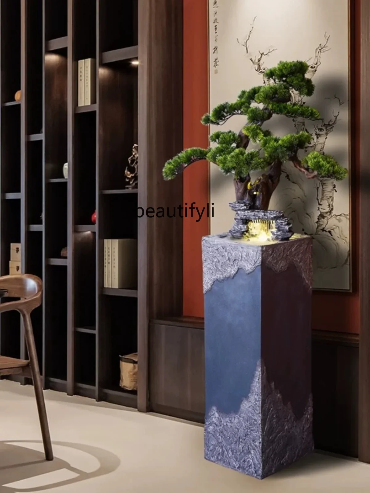 

High-end flow ornament, circulating water fountain, living room entrance, light luxury floor, flower arrangement ornament