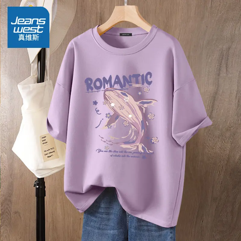 Women Loose Top Tees Casual Letter Cartoon Whale Printed Basics Pullover Summer Pure Cotton Short Sleeve O-neck T-shirt