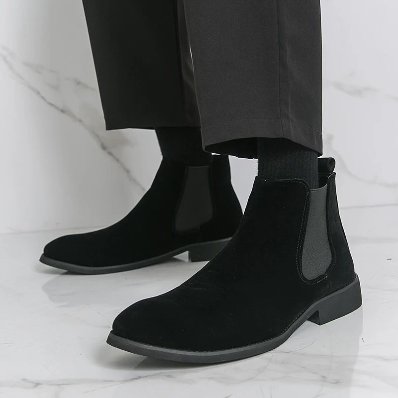 

Classic British Retro Style Men Pointed Chelsea Boots Brand Elegant Business Cow Suede High Top Boot Quality Senior Casual Boots