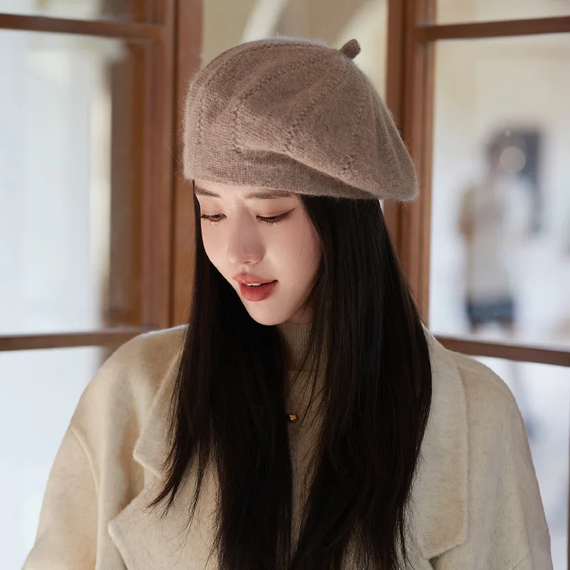 

Теплая вязаная шапка-бини, осенне-зимний берет, шапка для женщин и девочек, береты из кроличьей шерсти, корейские однотонные шапки принцессы для малышей