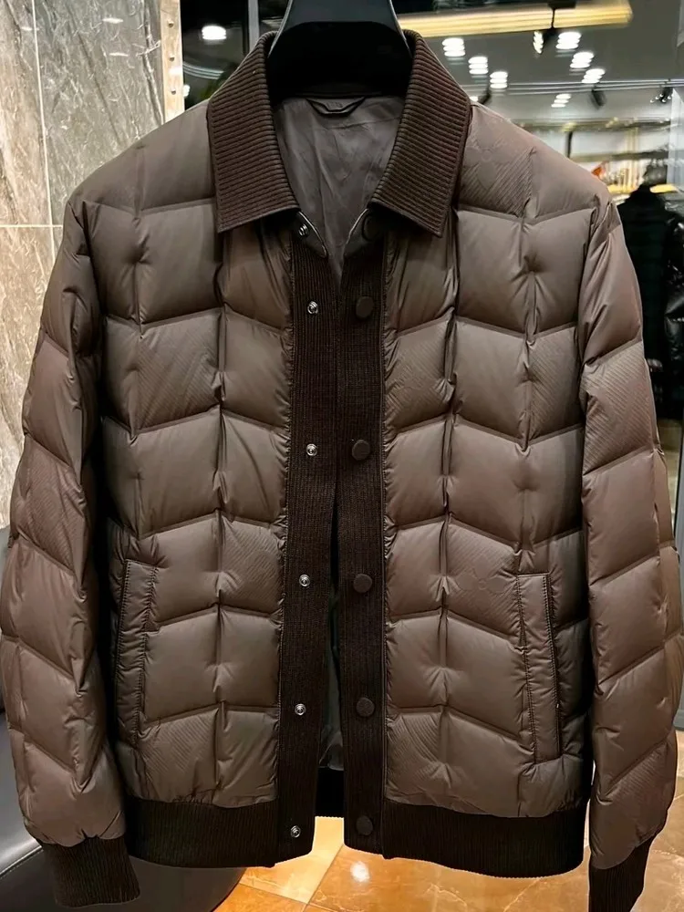 Winter Mens Business Work Thick Warm Down Jacket Slim Fit Single Breasted Spliced Outwear Coat Vintage Office Casual Overcoat