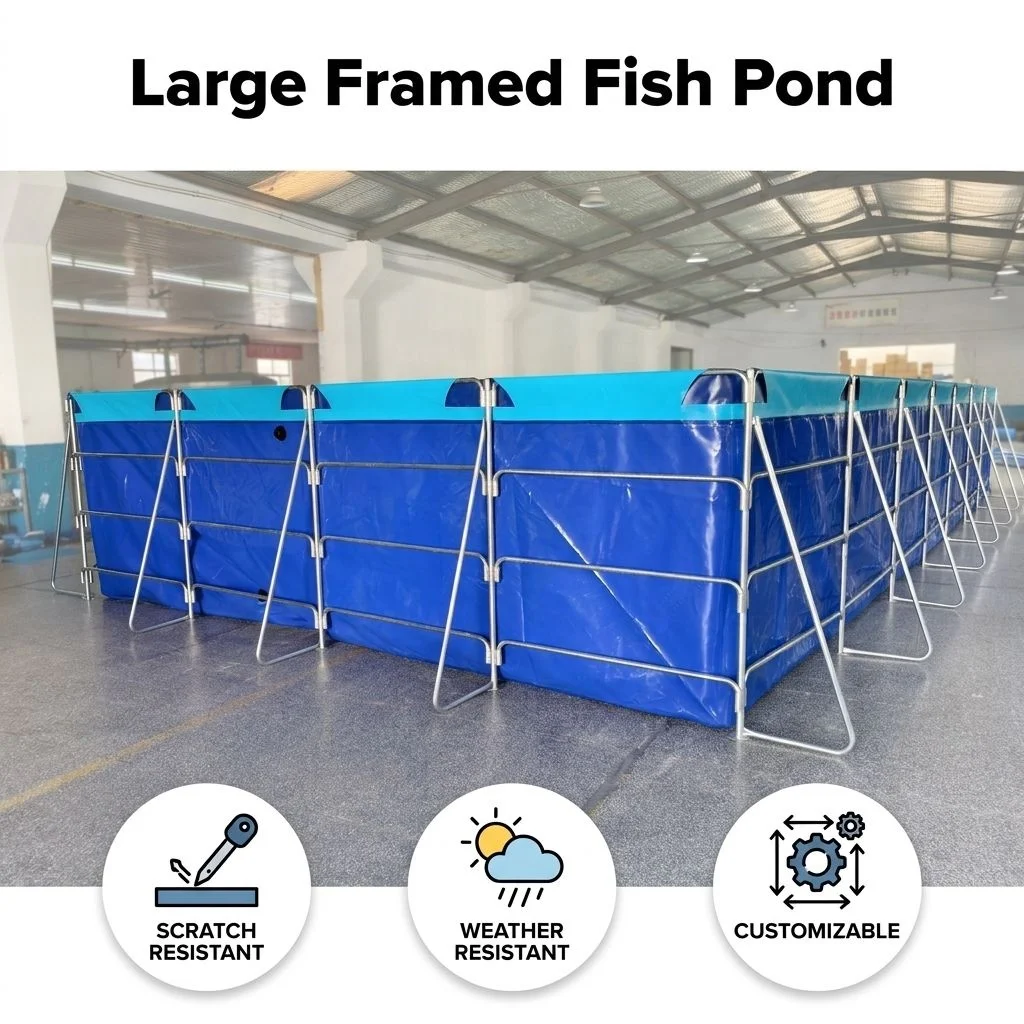 Square Tarpaulin PVC Fish Tank, Reinforced Galvanized Steel Frame, Intensive Aquaculture RAS System, Durable Water Pond