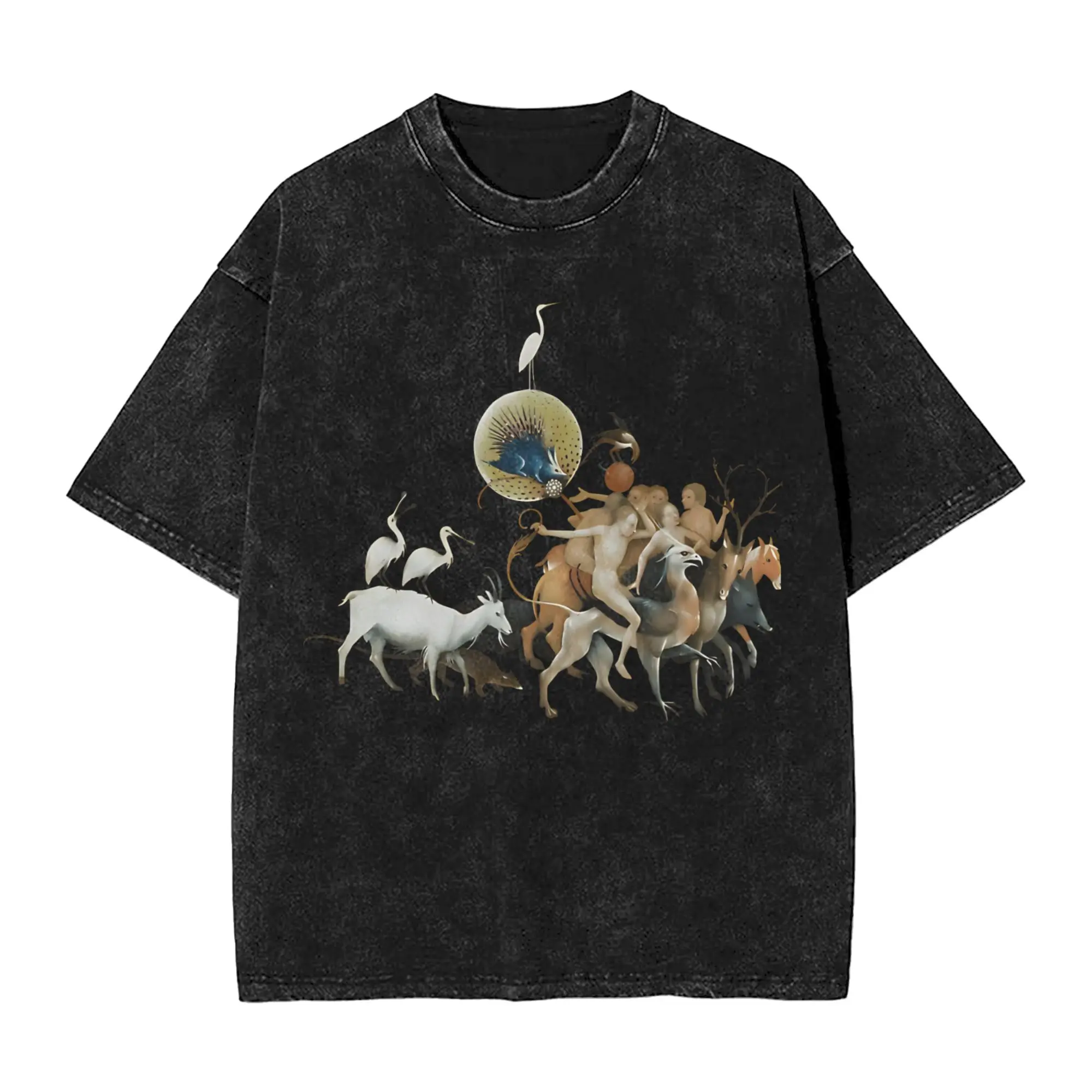 Harajuku Washed Shirts Hieronymus Bosch  The Garden of Earthly Delights Outfit Vintage T Shirt Oversize  Streetwear Short Sleeve
