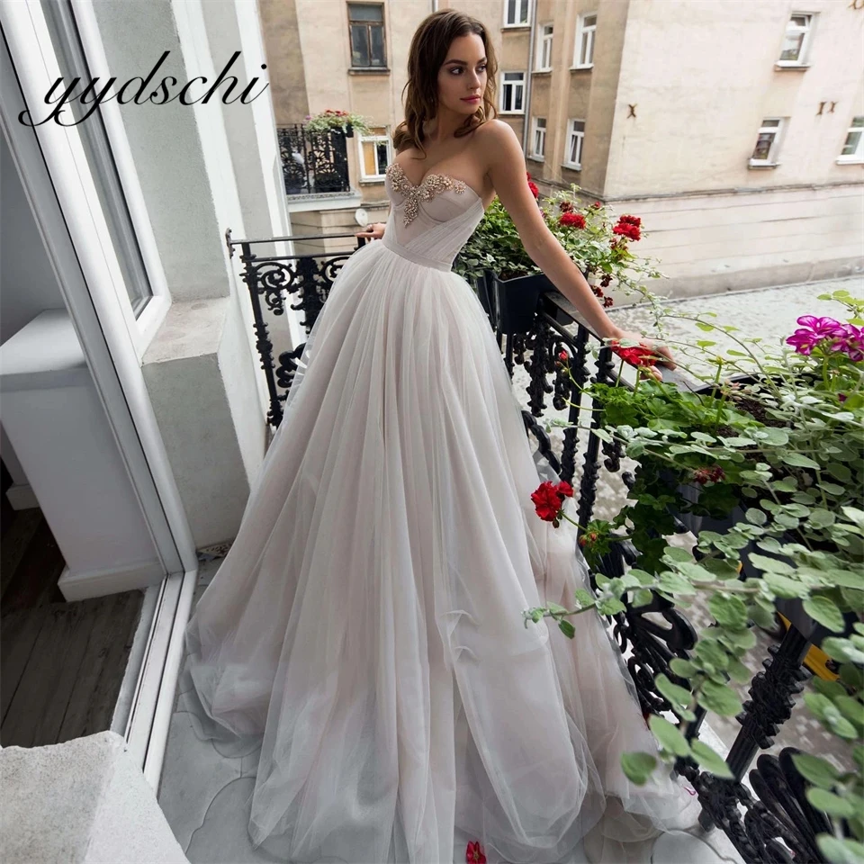 

Elegant Tulle Crystal Pearl Sleeveless Sweetheart Neck Wedding Dresses For Woman 2024 Court Train Bridal Gowns vestidos de novia