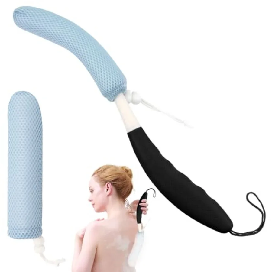 

15.35" Back Bath Brush with SpongeBack Scrubber Bath Mesh with Curved Long Handle Bath Body Brush for Elderly Aid Bathing and S