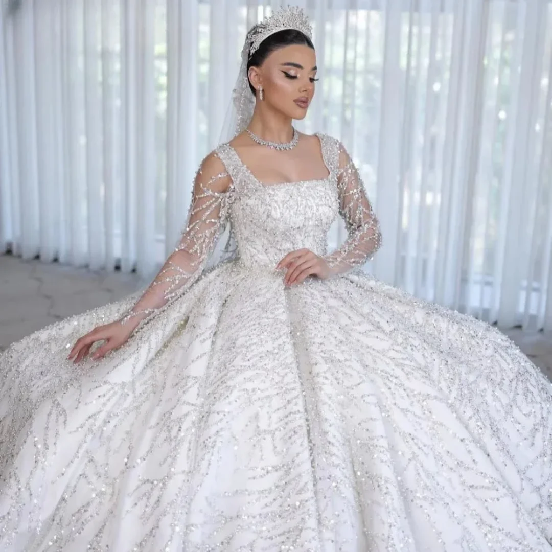 Customized Shining brightly Sunny  Beaded Wedding Dresses Long  Sleeves Wedding Gowns Women Vestido Blanco Elegant Bride Gown