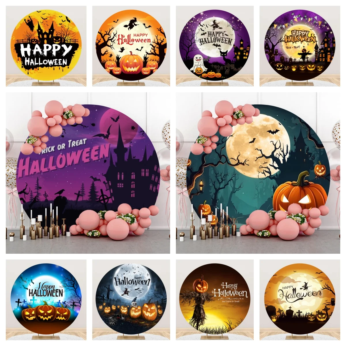 Happy Halloween Night Round Background Horror Moon Scary Grave Castle Pumpkin Forest Decor Baby Child Portrait Backdrop Cover