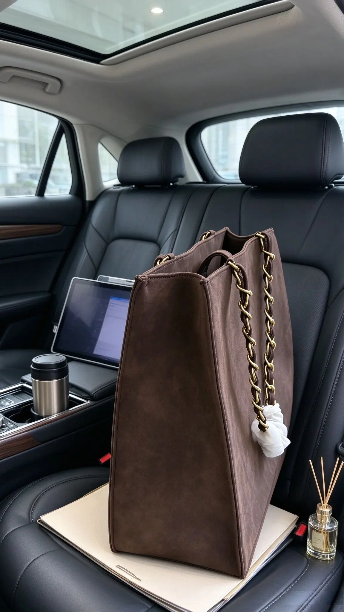 Women Vintage Suede Tote Bag Solid Color Large Capacity Gold Chain Strap With Ruched Silk Scarf Decoration