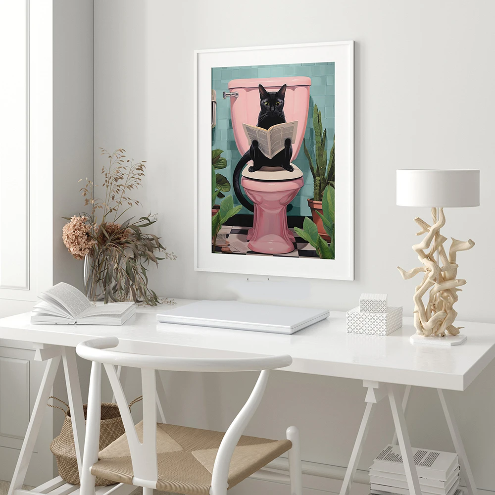 Funny Black Cat Using Toilet Wall Art Cat Reading Newspaper Canvas Posters Prints Pictures Home Batnroom Living Room Decoration