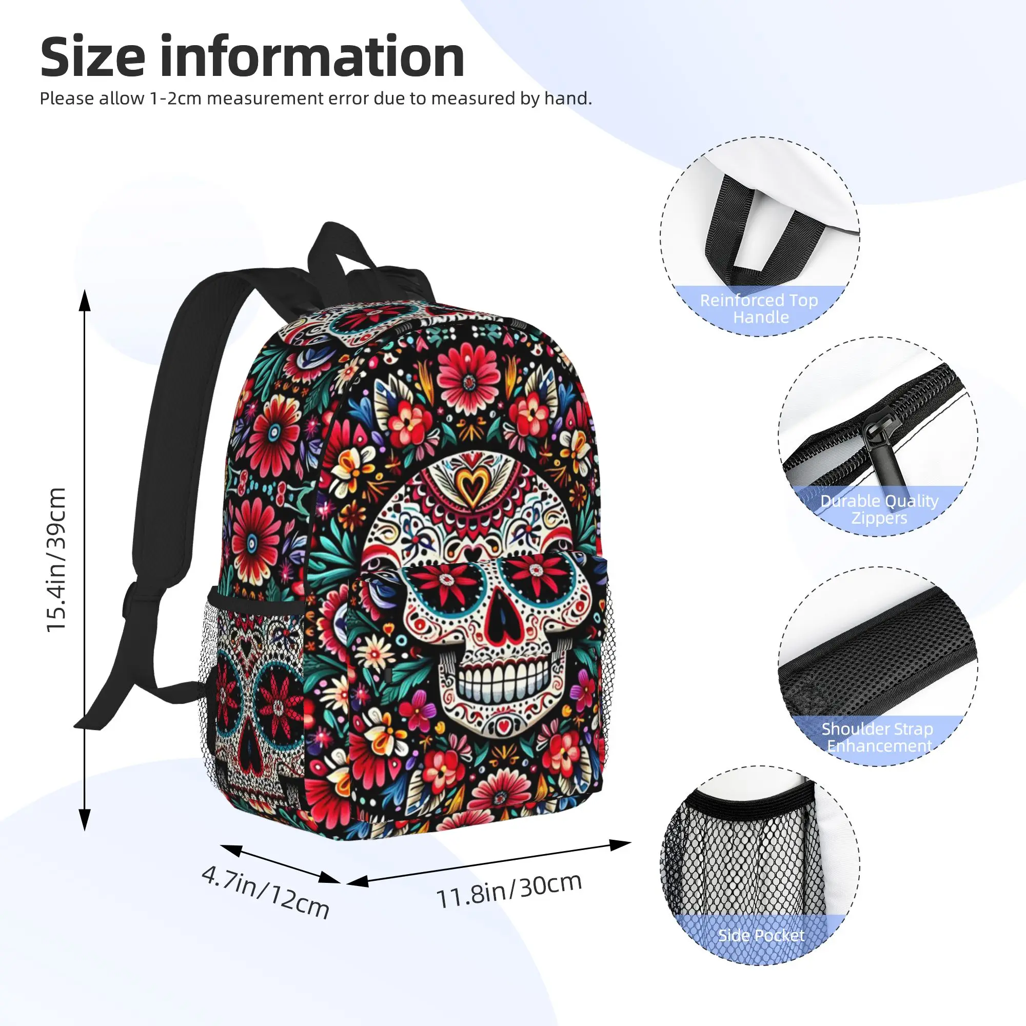 Mexican Sugar Skulls And Flowers Backpack Hot Sale Daypack Large Capacity Boy Girl BookBag Shoulder Bag for Men Women School Bag