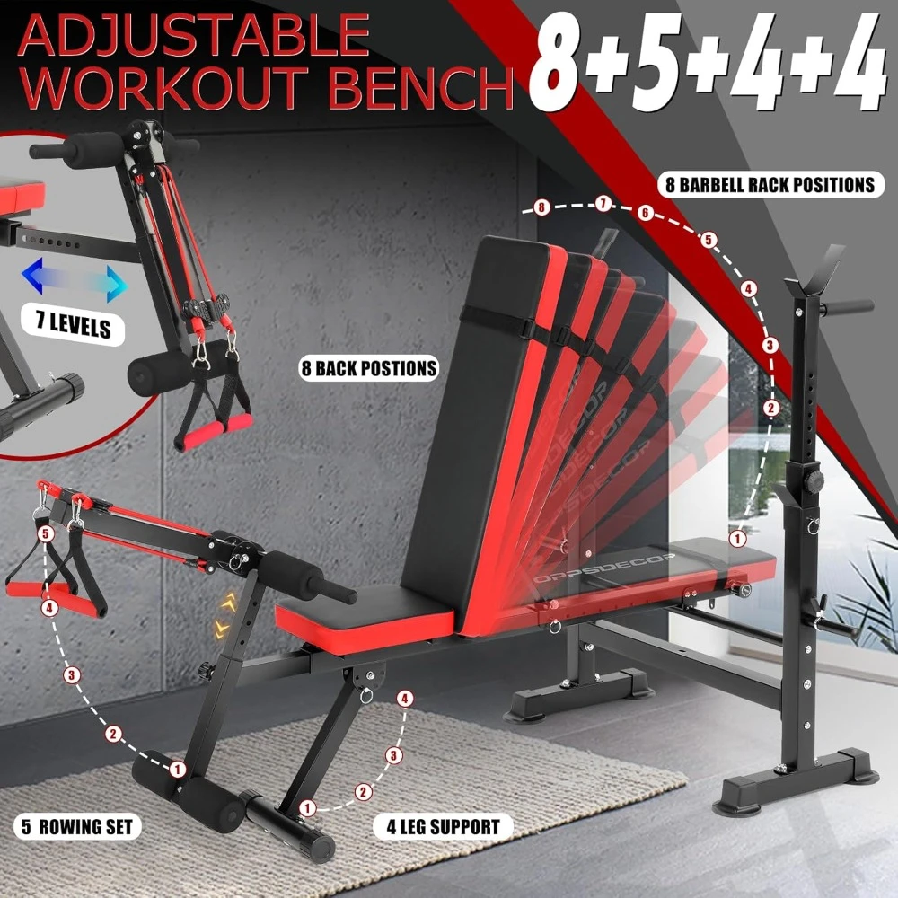 6 in 1 Weight Bench Set with Squat Rack Foldable Adjustable Bench Press Set with Removable Foot Catch Foldable Strength Training