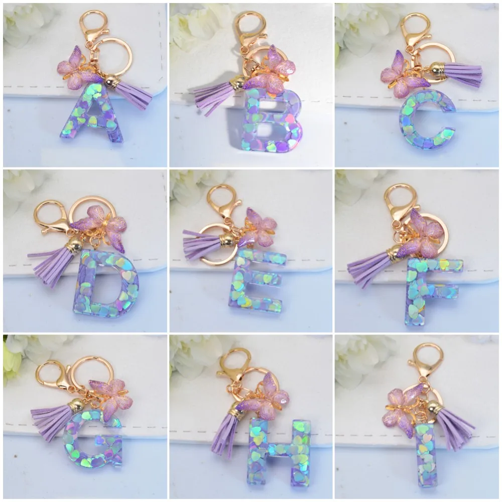 Purple Sequin 26 Letter Keychain Glitter Resin Butterfly Initial Keyring for Women Purse Bag Charm Car Ornament Christmas Gift