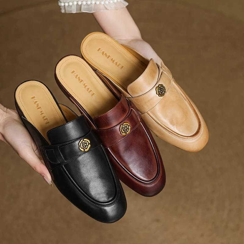 2026 new spring summer women sandals natural leather plus size 22-25cm cowhide+pigskin round toe mules low heel women slippers