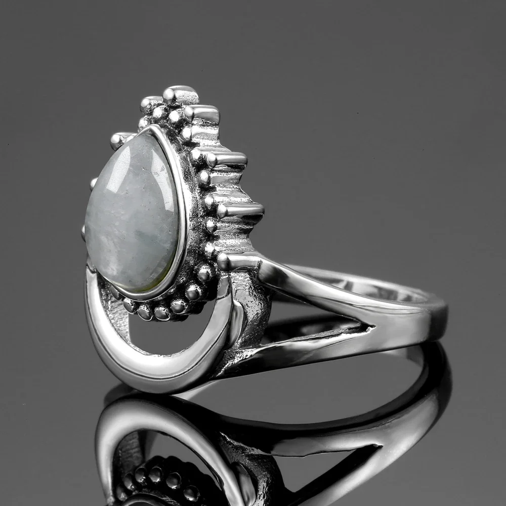 New Vintage S925 Silver Jewelry Finger Rings For Men Women 7x9MM Water Drop Natural Moonstones Weeding Anniversary Party Gifts