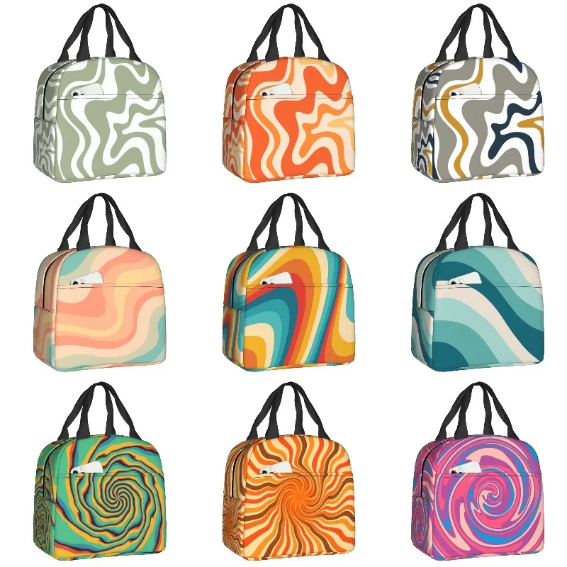 

Retro Swirl Color Abstract Psychedelic Geometric Print Lunch Bag Women Warm Cooler Insulated Lunch Box for Kids School Food Bags