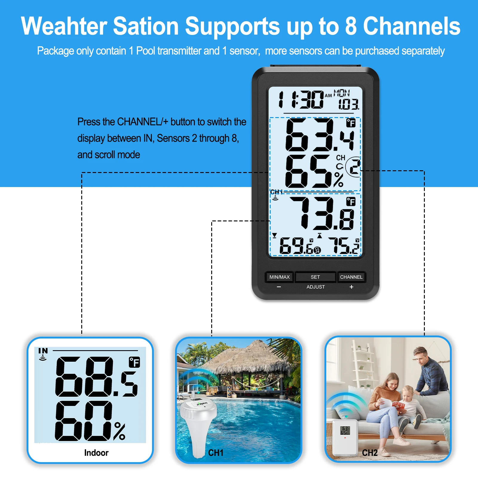 

Wireless Digital Pool Thermometer - IPX8 Waterproof Temperature Sensor with 328ft Range & LCD Display Alarm for Hot Tub/Spa​