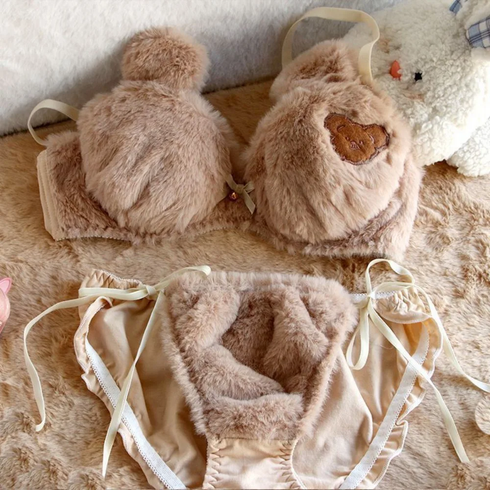 

Comfortable Women Lingerie Set No Steel Ring Cartoon Bear Winter Bra & Brief Sets Soft Girl Warm Underwear Panties Suit Girl