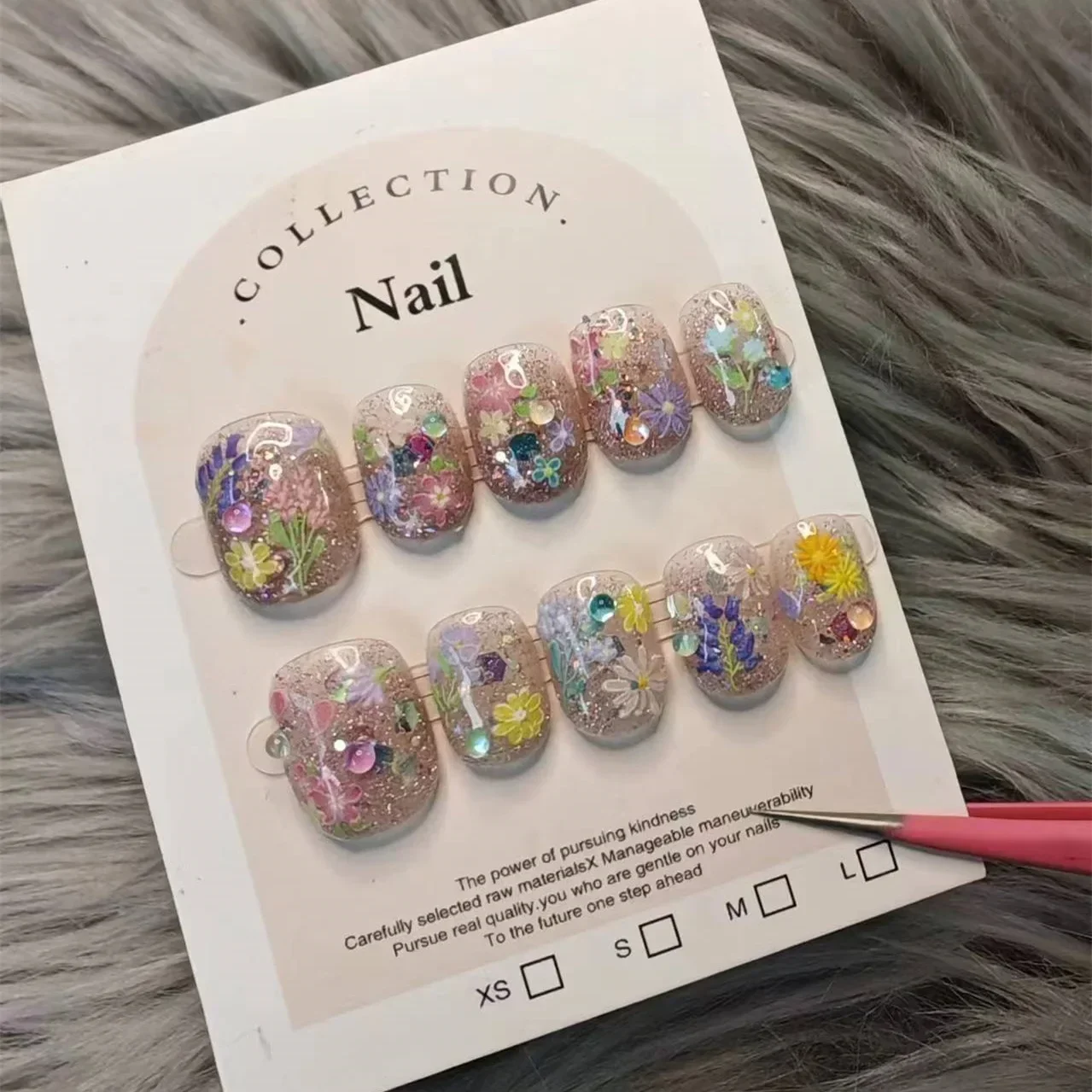 10 Pieces Spring Romantic Flowers Press On Nails Handmade Sweet Small Broken Flowers Petals False Nail Patches Removable