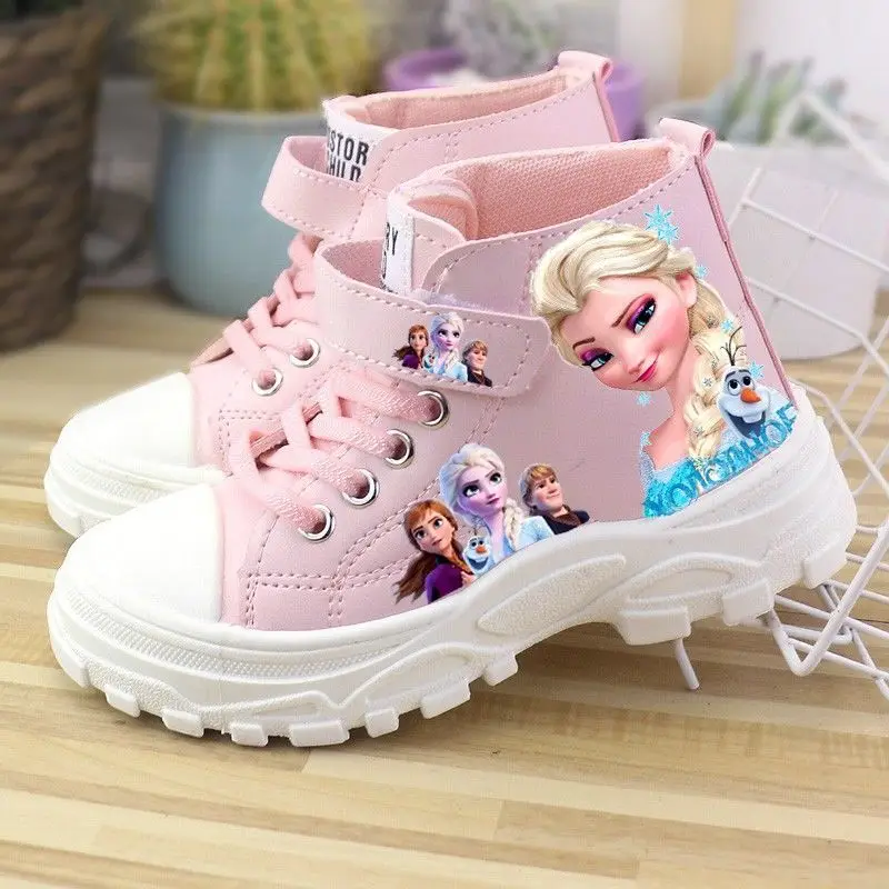 Disney-zapatos informales para niñas, Zapatillas altas para niños, zapatos de tablero, princesa Elsa, rosa, púrpura, talla 25-37