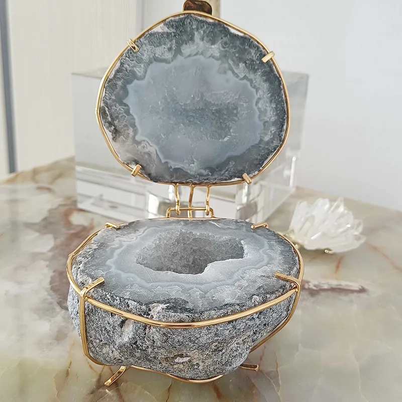 Natural Cut Agate Geode Ring Earring Casket