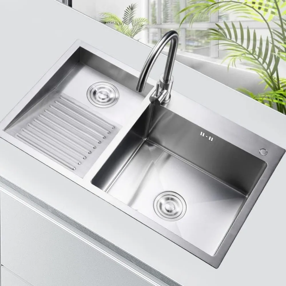 Kitchen sink, stainless steel kitchen sink with laundry board, faucet, easy to clean double bowl, 600mm/23.6in, Sink