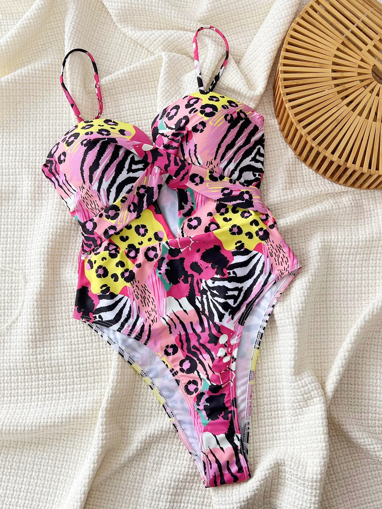 sexy pink leopard print swimsuit one piece hollow out thong Bikinis Swimwear Swimsuits beach outfits bodysuit biquini tankini