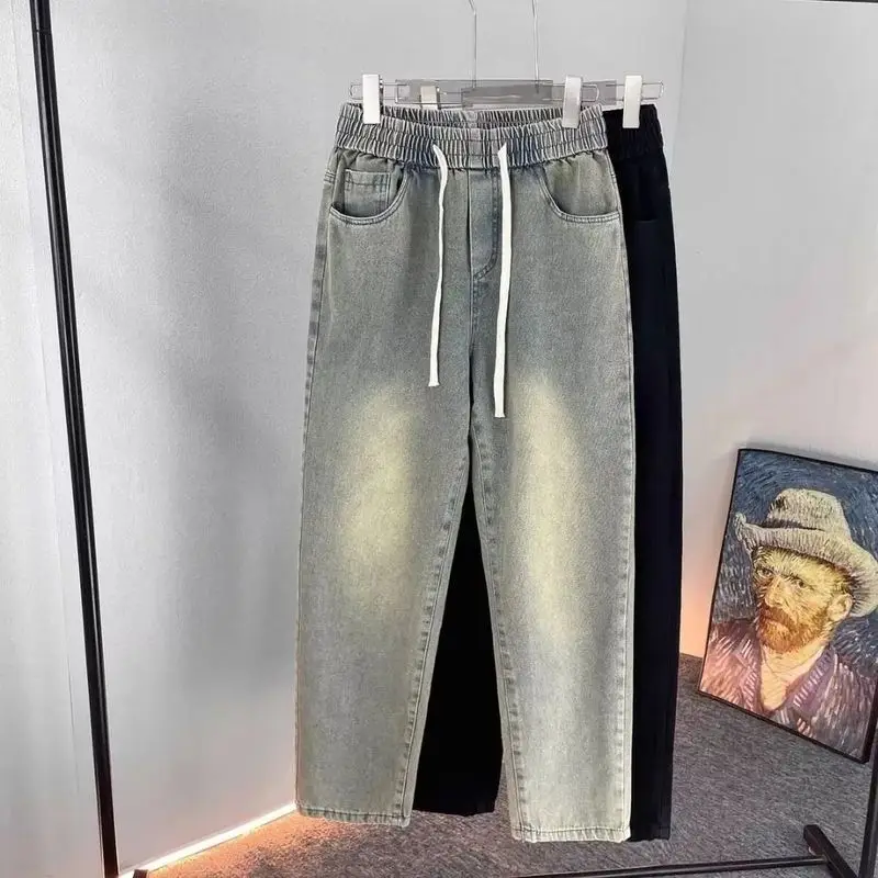Retro viejo amarillo barro cordón cintura elástica Jeans Cowboys High Street Casual Simple versátil cordón Pantalones rectos