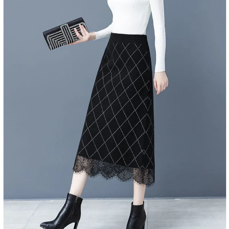 ニットチェック柄スカート レディース 秋冬新作 ミドル丈 ハイウエスト Aラインスカート レース 上品 ヒップカバー スカート
