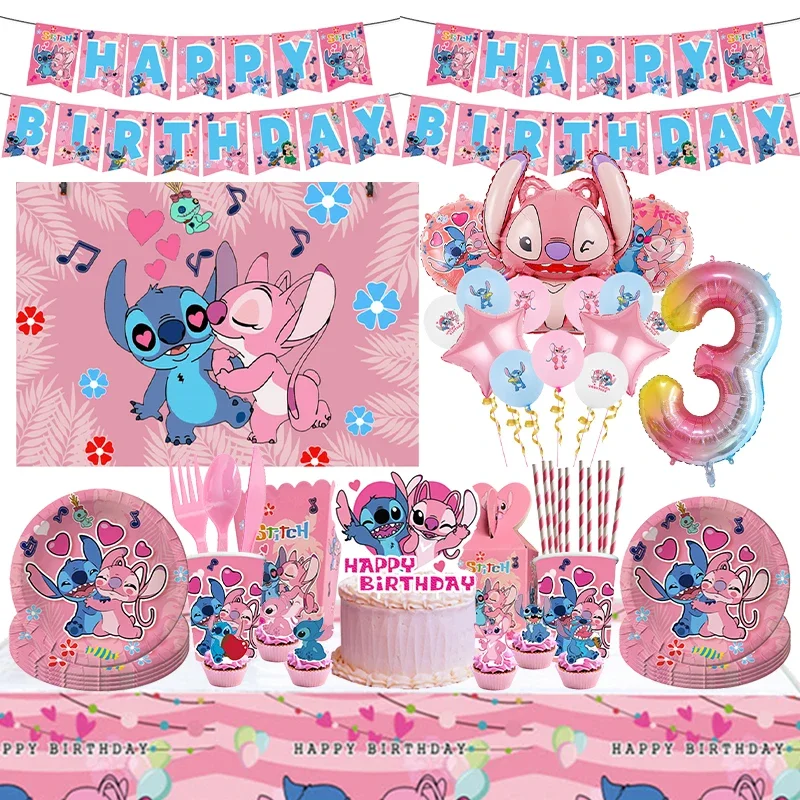 

Disney Pink Stitch Birthday Party Decorations Girl Tableware Balloon Gif Bag Card Straw Happy Supplies for Kids Baby Shower