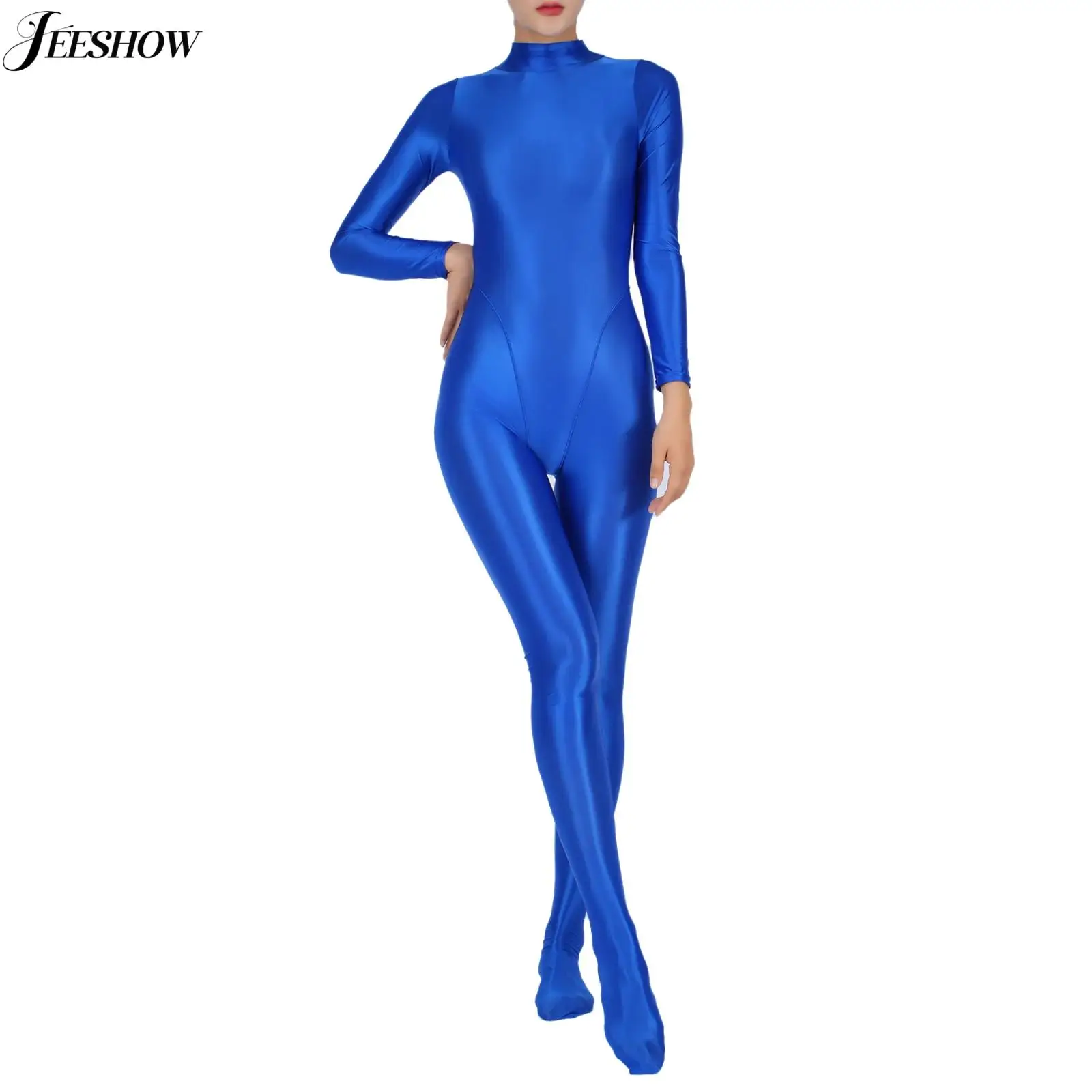 Womens Glossy Stretchy Long Sleeve Unitard Solid Color Mock Neck Full Body Bodysuit Zentai Costume One Piece Lingerie Leotard