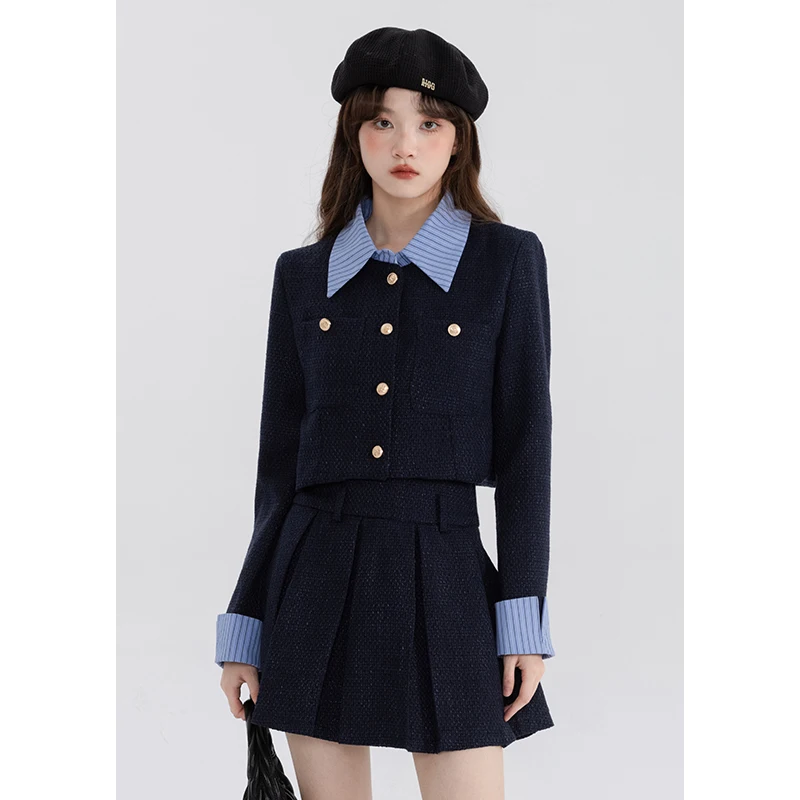 

High Sense Elegnat Women's Suit Jacket 2024 Spring and Autumn Color Matching Socialite Coat Top Short A-line Skirt Two-piece Set