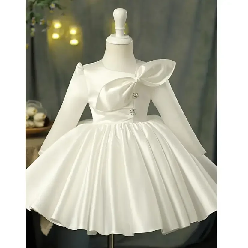 

2024 New Children's Princess Evening Gown Bow Long Sleeved Design Wedding Birthday Baptism Eid Party Girls Perform Dress A3167