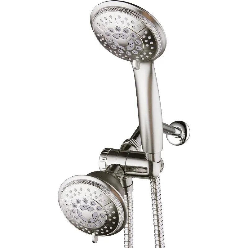 High Pressure 24-setting Handheld & Rain Shower Head Combo, Stainless Steel Hose, 3-way Water Diverter - Nickel F