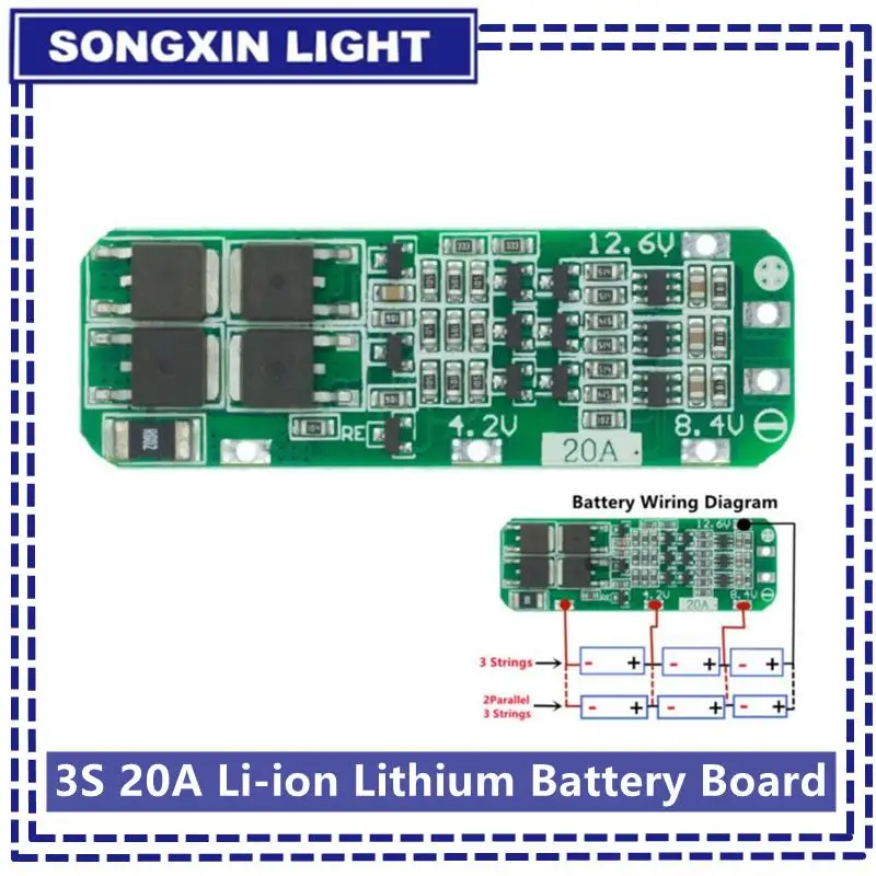 New 3S 20A Li-ion Lithium Battery 18650 Charger PCB BMS Protection Board For Drill Motor 12.6V Lipo Cell Module 64x20x3.4mm