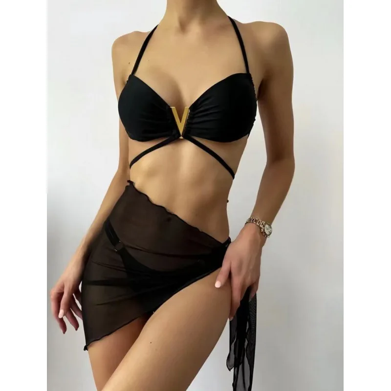 

New High Waist with Straps Two-Shoulder Swimsuit Three-Piece Solid Color DeepVBlack Bikini