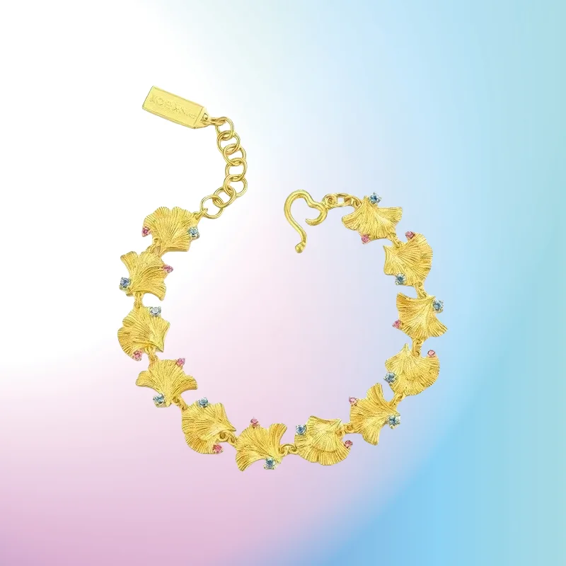 

new 9999 24K real gold polka dot drill ginkgo leaf AU750 Bracelet temperament bracelet for girlfriend's birthday gift