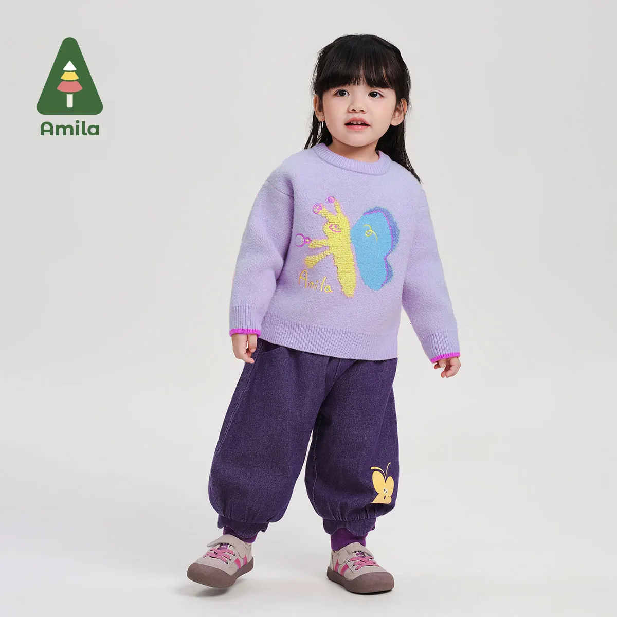 Amila Baby Jeans 2024 Winter New High Quality Girls Solid Color Cartoon Soft Warm Plus Velvet Casual Loose Children‘s Trousers