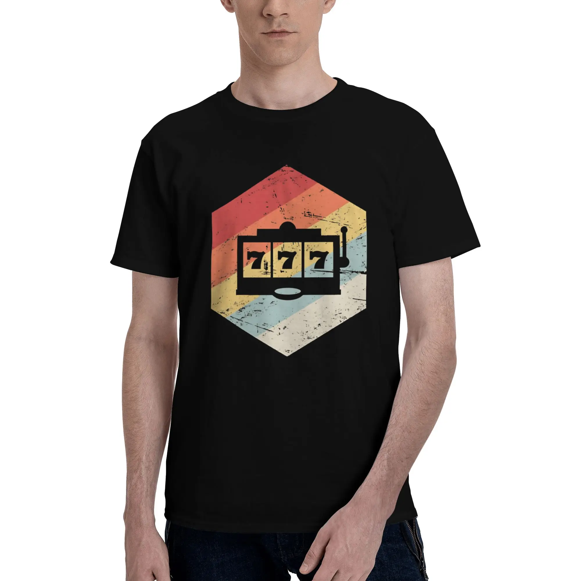 Retro Vintage Slot Machine  Men T Shirt 777 Lucky Novelty Tees Short Sleeve Round Neck Cotton Birthday Present Clothing T-Shirt