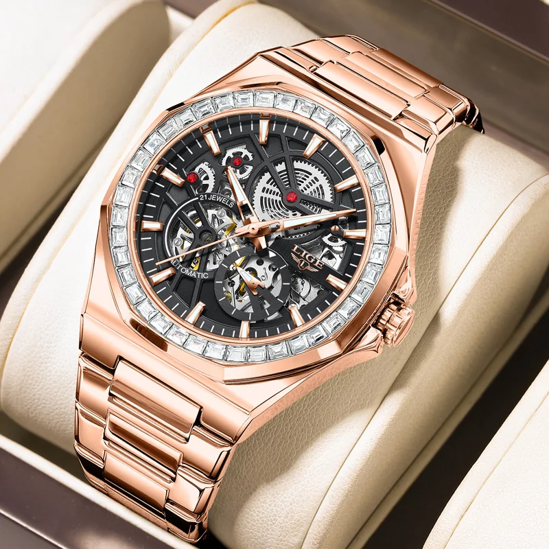 

LIGE Skeleton Men's Watch Ring Luxury Automatic Mechanical Watches Luminous Waterproof Stainless Steel Strap Watch Rose Gold