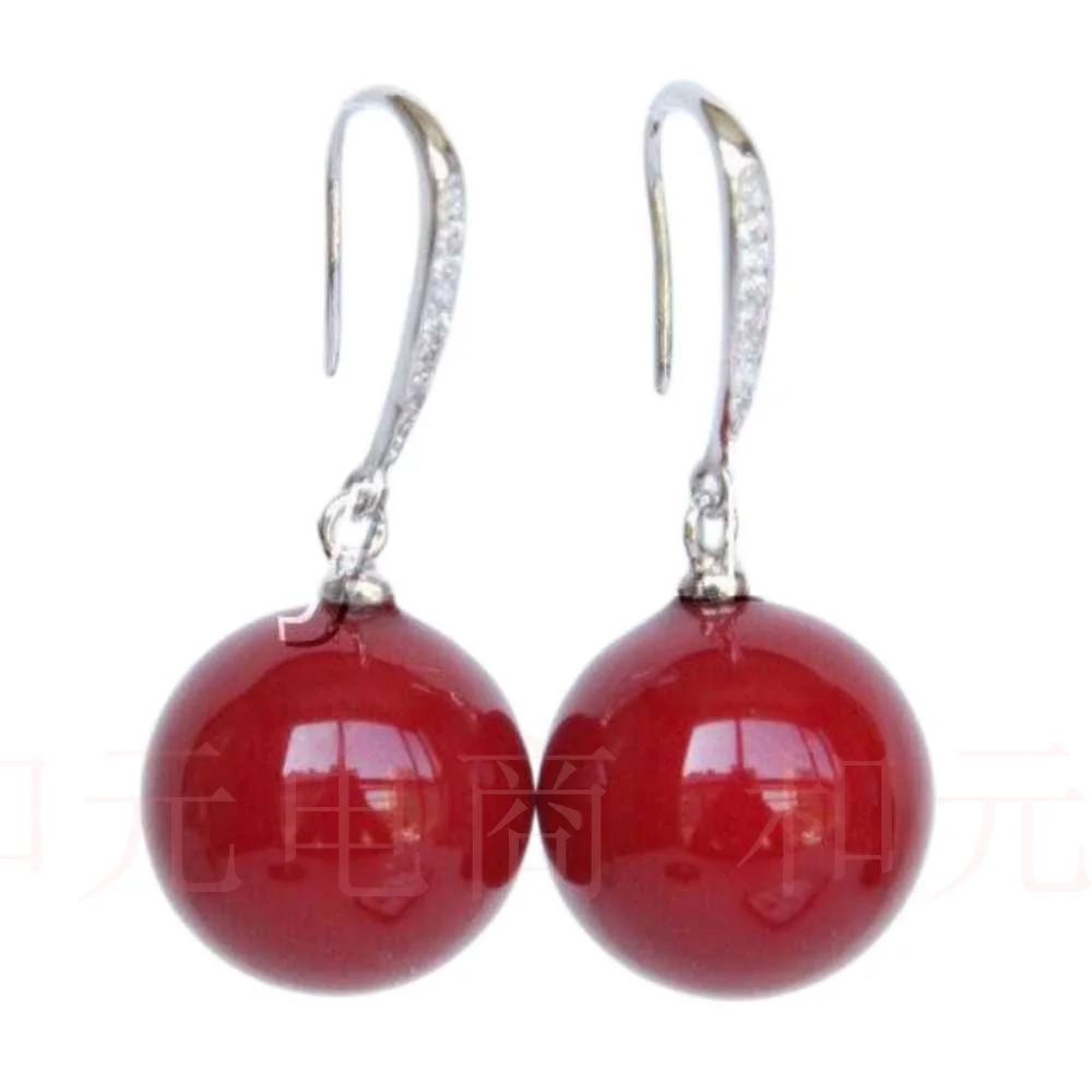 

AAA Dangle 14mm round red south sea shell pearl Earrings 925 silver Lucky Holiday gifts Jewelry Aquaculture Party